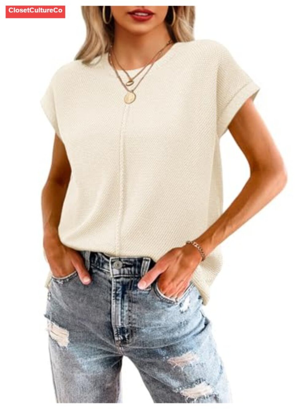 Womens Waffle Knit Sweater Vest Cap Sleeve Crew Neck Loose Fit Summer Top